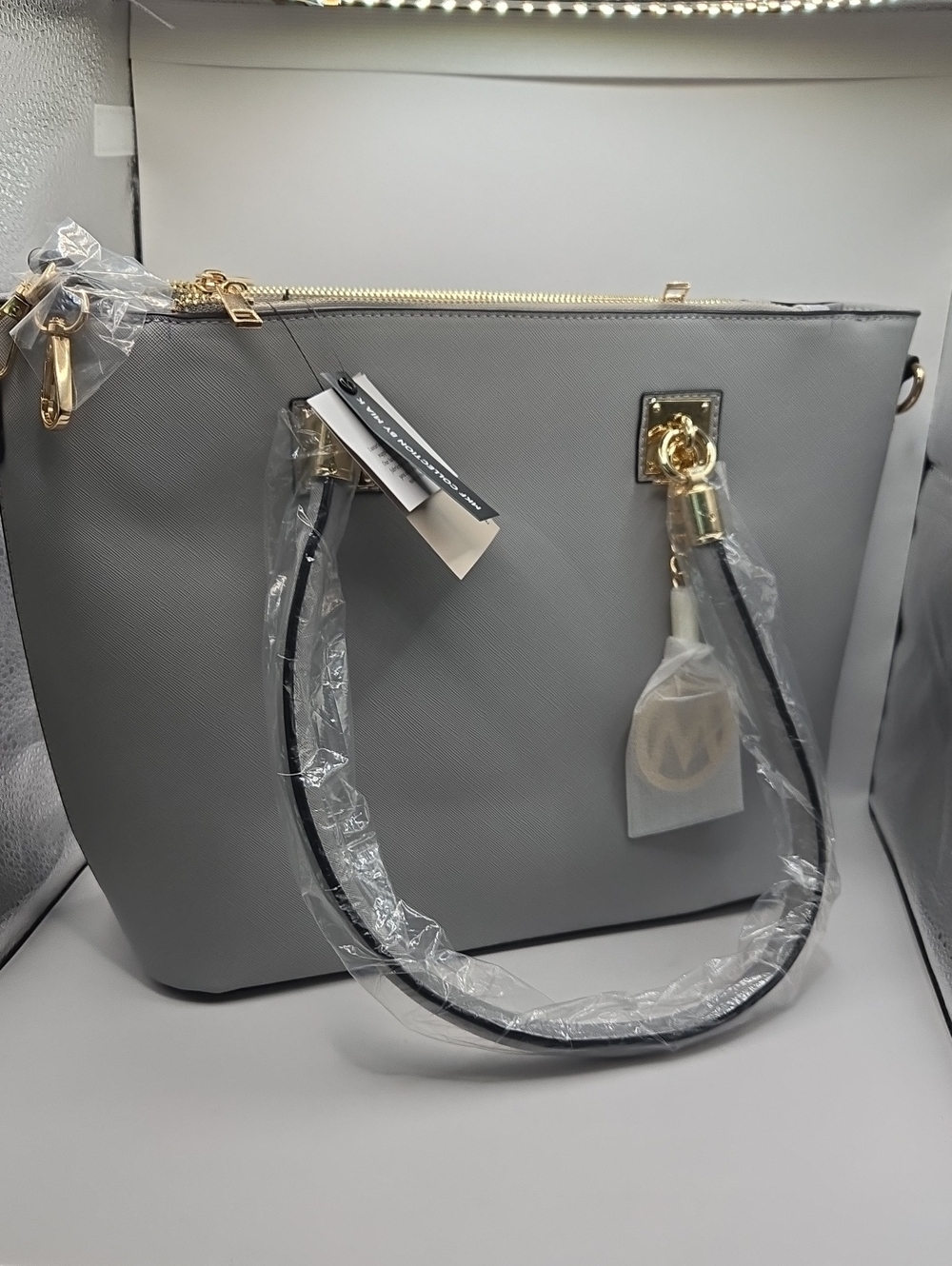 Structured Grey Tote Bag with Gold Accents